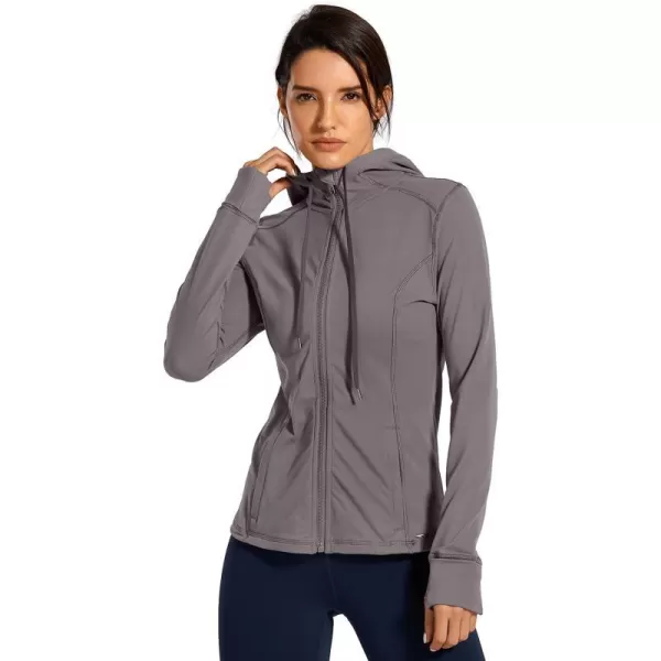 CRZ YOGA Womens Brushed Full Zip Hoodie Jacket Sportswear Hooded Workout Track Running Jacket with Zip PocketsMineral Ash