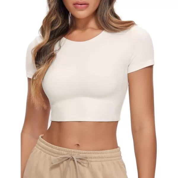 CRZ YOGA Womens Butterluxe Double Lined Short Sleeve Crop Tops Crew Neck Casual Workout TShirt Cute Basic TeeMilky White Bone