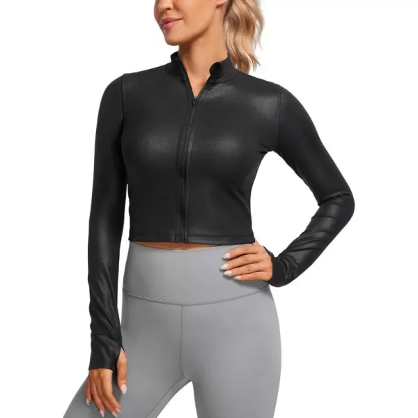 CRZ YOGA Womens Butterluxe Full Zip Cropped Workout Jackets Slim Fit Athletic Yoga Jacket with Thumb HolesFaux Leather Black Classic