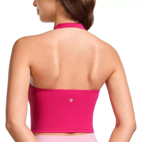 CRZ YOGA Womens Butterluxe Halter Longline Sports Bra  Padded Workout Yoga Crop Tank Tops with Built in Shelf BraGranita Pink