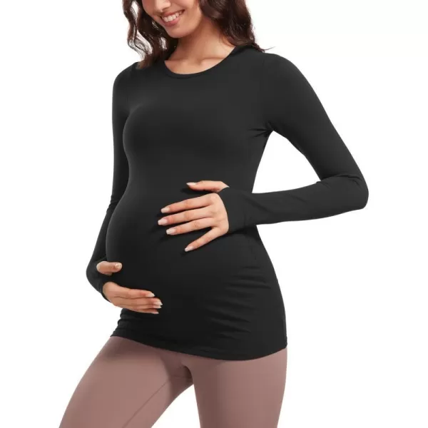 CRZ YOGA Womens Butterluxe Long Sleeve Maternity Tops Crewneck Pregnancy Basic Shirts Soft Athletic Yoga Casual Tee ShirtBlack