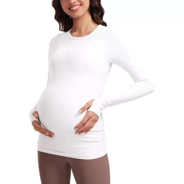 CRZ YOGA Womens Butterluxe Long Sleeve Maternity Tops Crewneck Pregnancy Basic Shirts Soft Athletic Yoga Casual Tee ShirtWhite