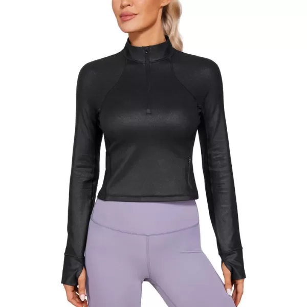 CRZ YOGA Womens Butterluxe Long Sleeve Workout Shirts Half Zip Pullover Sweatshirt Athletic Cropped Tops Running ShirtFaux Leather Black