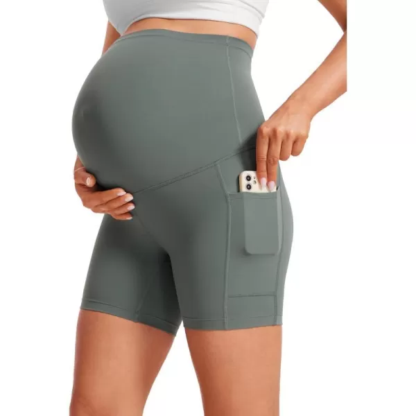 CRZ YOGA Womens Butterluxe Maternity Yoga Biker Shorts with Pockets 5  Over The Belly Pregnancy Workout AthleticGrey Sage