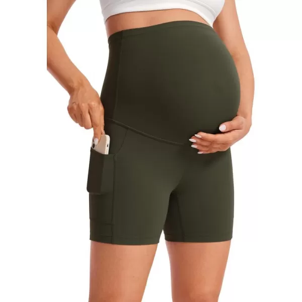 CRZ YOGA Womens Butterluxe Maternity Yoga Biker Shorts with Pockets 5  Over The Belly Pregnancy Workout AthleticOlive Green