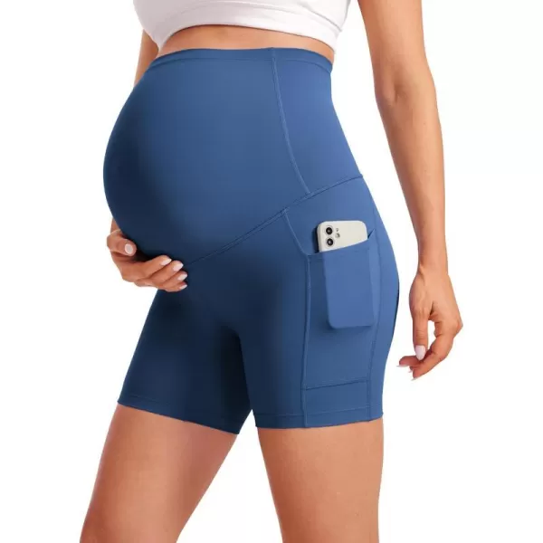 CRZ YOGA Womens Butterluxe Maternity Yoga Biker Shorts with Pockets 5  Over The Belly Pregnancy Workout AthleticPitch Blue