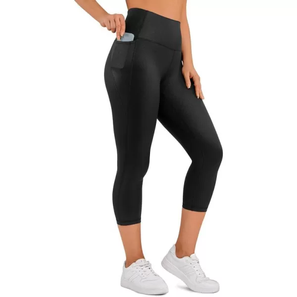 CRZ YOGA Womens Butterluxe Workout Capri Leggings with Pockets 21 Inches  High Waisted Gym Athletic Crop Yoga LeggingsFaux Leather Black