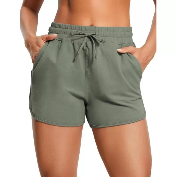 CRZ YOGA Womens Casual Sweat Shorts  35 Athletic Summer Comfy Cotton Lounge Shorts Gym Jersey Shorts with PocketsLight Army Green