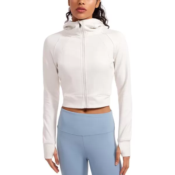 CRZ YOGA Womens Fleece Zip Up Cropped Hoodie Workout Jacket Athletic Casual Long Sleeve Sweatshirts with Thumb HolesMilky White Bone