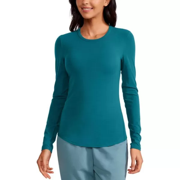 CRZ YOGA Womens Long Sleeve Shirts Stretchy High Crewneck Slim Fitted Shirt Fall Casual Basic Layer Tee TopsGreen Jade