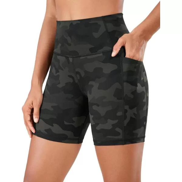 CRZ YOGA Womens Naked Feeling Biker Shorts  4 5 6 8 High Waisted Yoga Gym Spandex Shorts Side PocketsOlive Camouflage