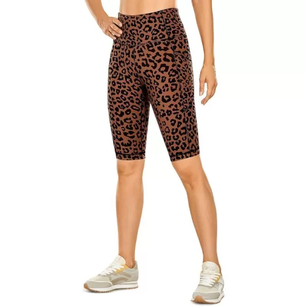 CRZ YOGA Womens Naked Feeling Long Biker Shorts  10 High Waisted Workout Gym Running Spandex Shorts Side PocketsOrange Yellow Leopard Print