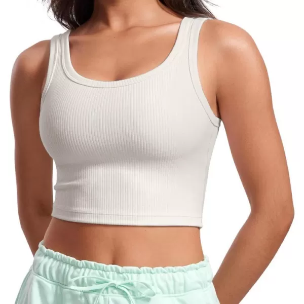 CRZ YOGA Womens Ribbed Longline Sports Bra  U Neck Padded Yoga Bra Workout Crop Tank Top with Built in BraMilky White Bone