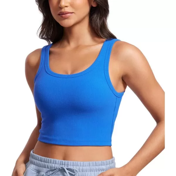 CRZ YOGA Womens Ribbed Longline Sports Bra  U Neck Padded Yoga Bra Workout Crop Tank Top with Built in BraSparkle Blue