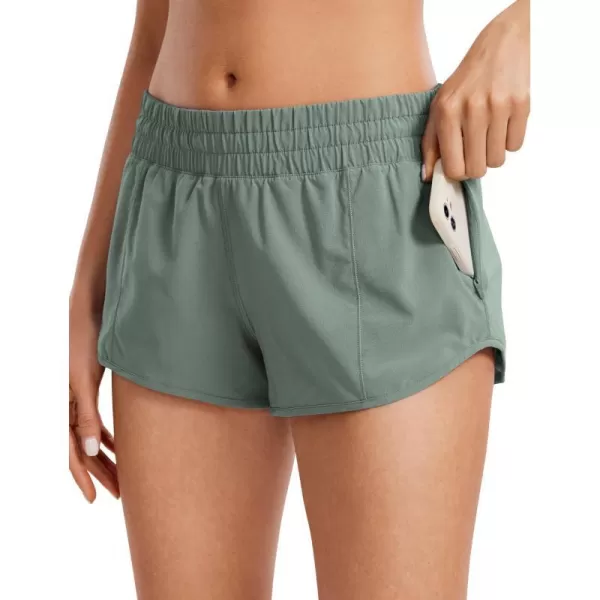 CRZ YOGA Womens Running Shorts Low Waisted 25  Mesh Liner Quick Dry Track Gym Athletic Workout Shorts with Zip PocketGrey Sage