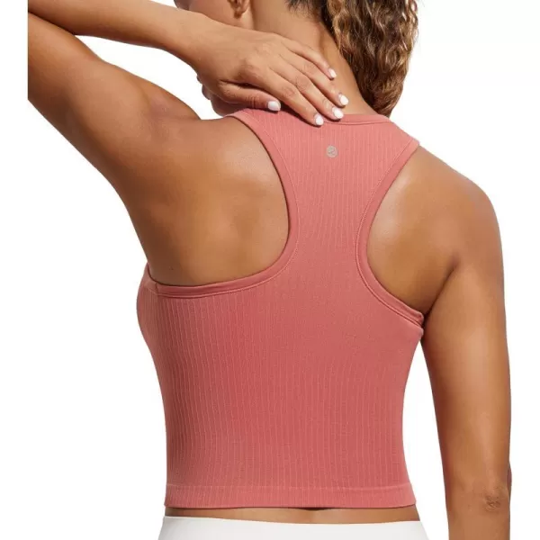 CRZ YOGA Womens Seamless Ribbed Longline High Neck Sports Bra  Racerback Padded Slim Fit Crop Tank Top with Built in BraBriar Rose