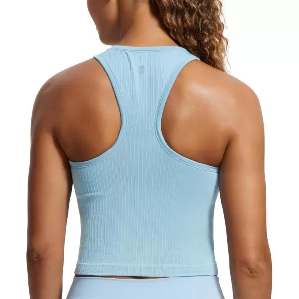 CRZ YOGA Womens Seamless Ribbed Longline High Neck Sports Bra  Racerback Padded Slim Fit Crop Tank Top with Built in BraPure Blue