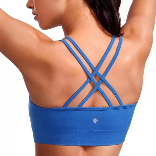 CRZ YOGA Womens Seamless Strappy Longline Sports Bra  Medium Support Scoop Neck Criss Cross Padded Yoga Workout BraSparkle Blue