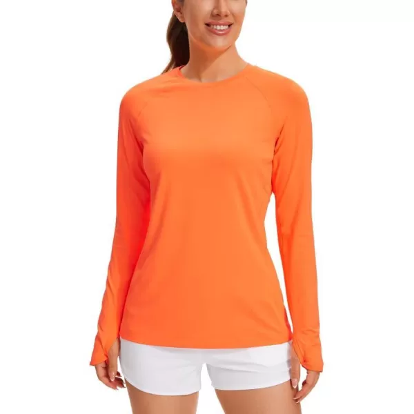 CRZ YOGA Womens UPF 50 Sun Protection Long Sleeve Workout Shirts Quick Dry Outdoor Hiking Running Tops with Thumb HolesNeon Orange