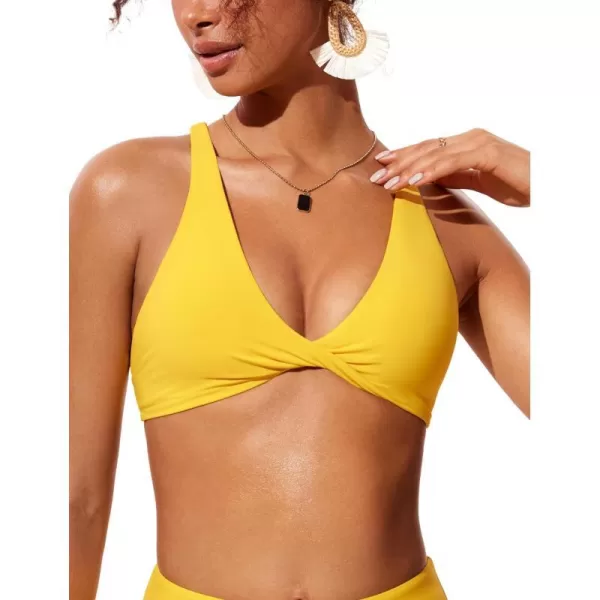 CRZ YOGA Womens V Neck Bikini Tops Twist Front Bathing Suit Tops Criss Cross Back Swim Top PaddedHigh Visibility Yellow