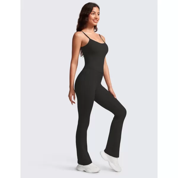 CRZ YOGA Butterluxe Flare Jumpsuits for Women Spaghetti Strap Workout Athletic Onesie Square Neck Bodysuits with Built in BraBlack