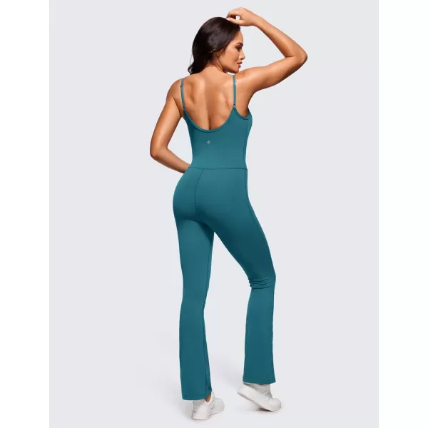 CRZ YOGA Butterluxe Flare Jumpsuits for Women Spaghetti Strap Workout Athletic Onesie Square Neck Bodysuits with Built in BraBorealis Green