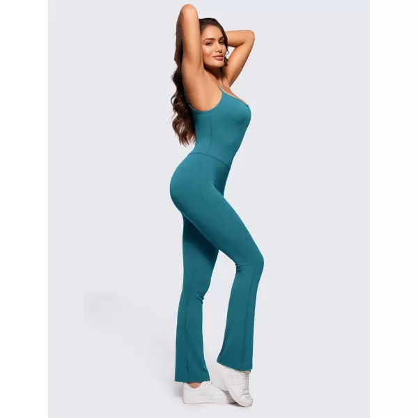 CRZ YOGA Butterluxe Flare Jumpsuits for Women Spaghetti Strap Workout Athletic Onesie Square Neck Bodysuits with Built in BraBorealis Green