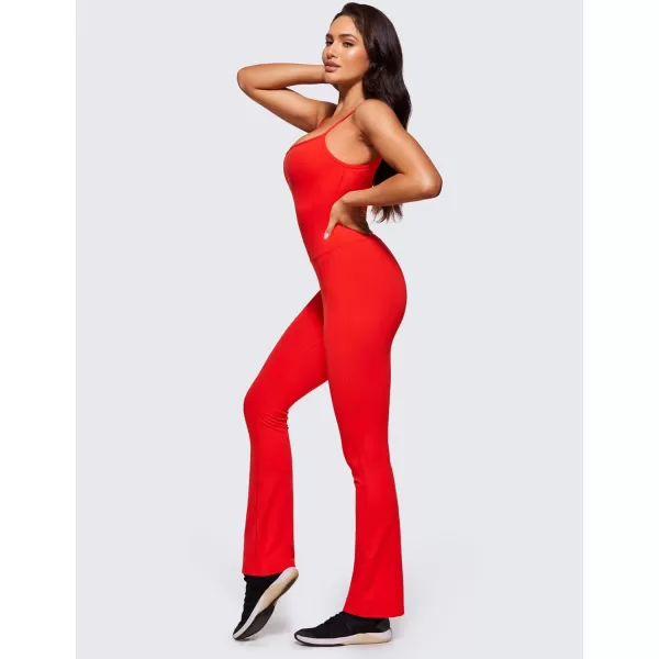 CRZ YOGA Butterluxe Flare Jumpsuits for Women Spaghetti Strap Workout Athletic Onesie Square Neck Bodysuits with Built in BraDark Red