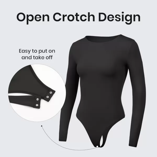 CRZ YOGA Butterluxe Long Sleeve Bodysuit for Women Crew Neck Tops Sexy Thong Bodysuits Breathable StretchyBlack