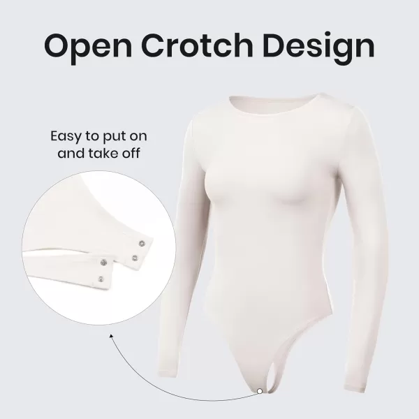 CRZ YOGA Butterluxe Long Sleeve Bodysuit for Women Crew Neck Tops Sexy Thong Bodysuits Breathable StretchyWhite Apricot