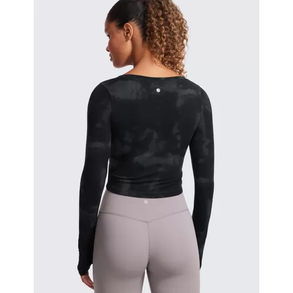 CRZ YOGA Butterluxe Long Sleeve Crop Tops for Women Slim Fit Workout Shirts Cropped Athletic Gym TopBlack Tie Dye Flowers