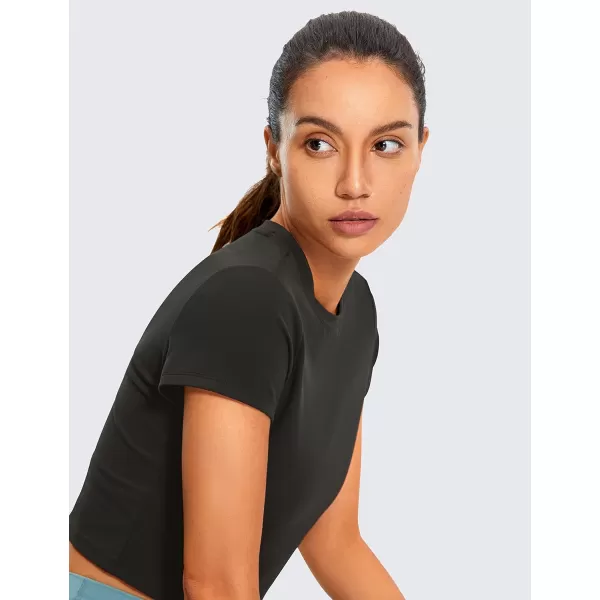 CRZ YOGA Butterluxe Short Sleeve Shirts for Women High Neck Crop Tops Basic Fitted TShirt Gym Workout TopBlack