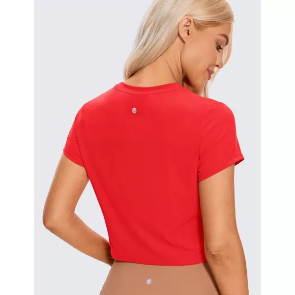 CRZ YOGA Butterluxe Short Sleeve Shirts for Women High Neck Crop Tops Basic Fitted TShirt Gym Workout TopDeep Red