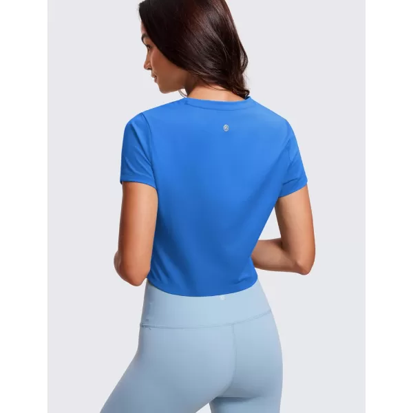 CRZ YOGA Butterluxe Short Sleeve Shirts for Women High Neck Crop Tops Basic Fitted TShirt Gym Workout TopSparkle Blue