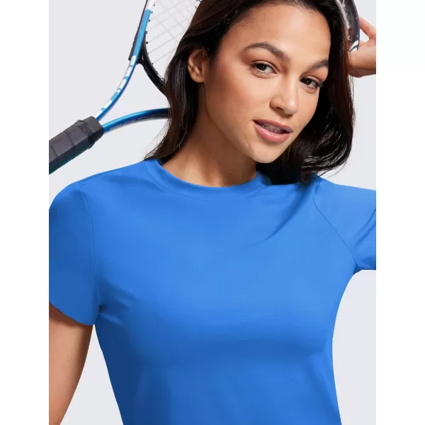 CRZ YOGA Butterluxe Short Sleeve Shirts for Women High Neck Crop Tops Basic Fitted TShirt Gym Workout TopSparkle Blue