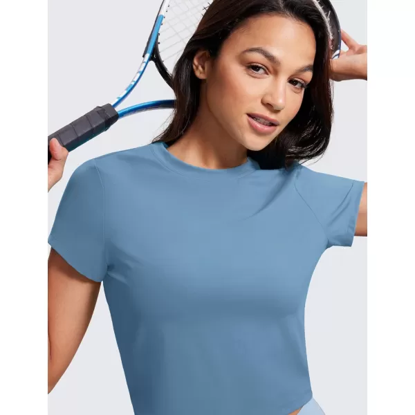 CRZ YOGA Butterluxe Short Sleeve Shirts for Women High Neck Crop Tops Basic Fitted TShirt Gym Workout TopUniverse Blue