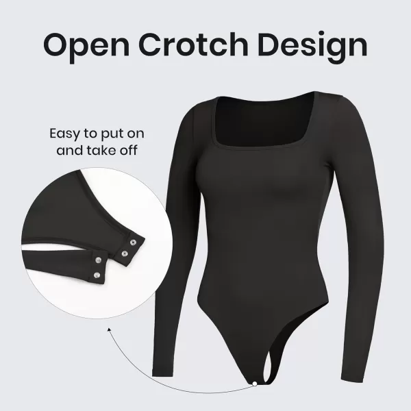 CRZ YOGA Butterluxe Square Neck Long Sleeve Bodysuit for Women Sexy Thong Bodysuits Tops Soft StretchyBlack