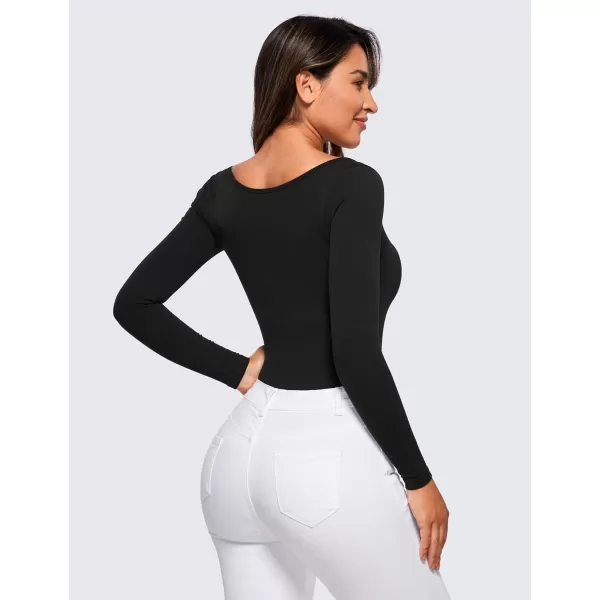 CRZ YOGA Butterluxe Square Neck Long Sleeve Bodysuit for Women Sexy Thong Bodysuits Tops Soft StretchyBlack