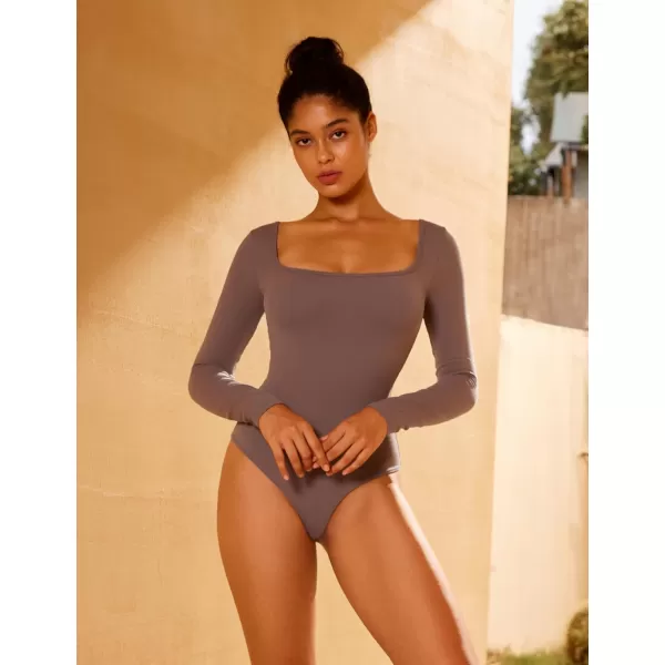 CRZ YOGA Butterluxe Square Neck Long Sleeve Bodysuit for Women Sexy Thong Bodysuits Tops Soft StretchyBrown Purple