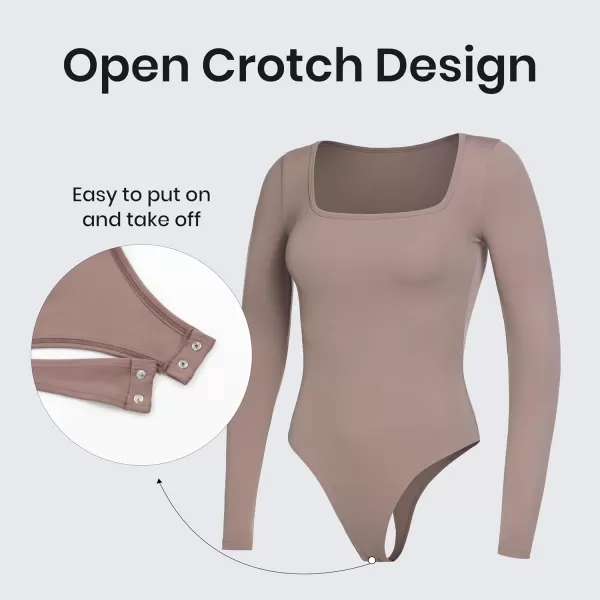 CRZ YOGA Butterluxe Square Neck Long Sleeve Bodysuit for Women Sexy Thong Bodysuits Tops Soft StretchyBrown Purple