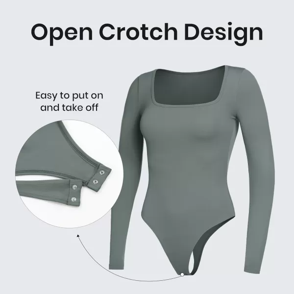 CRZ YOGA Butterluxe Square Neck Long Sleeve Bodysuit for Women Sexy Thong Bodysuits Tops Soft StretchyGrey Sage