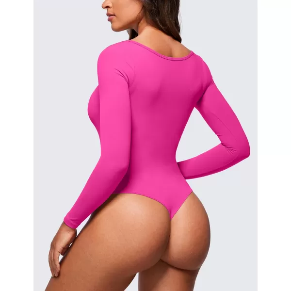 CRZ YOGA Butterluxe Square Neck Long Sleeve Bodysuit for Women Sexy Thong Bodysuits Tops Soft StretchyHibiscus Purple