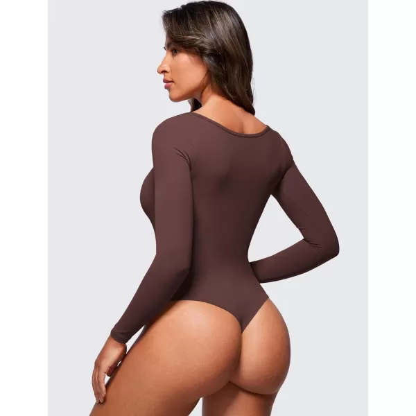 CRZ YOGA Butterluxe Square Neck Long Sleeve Bodysuit for Women Sexy Thong Bodysuits Tops Soft StretchyTaupe