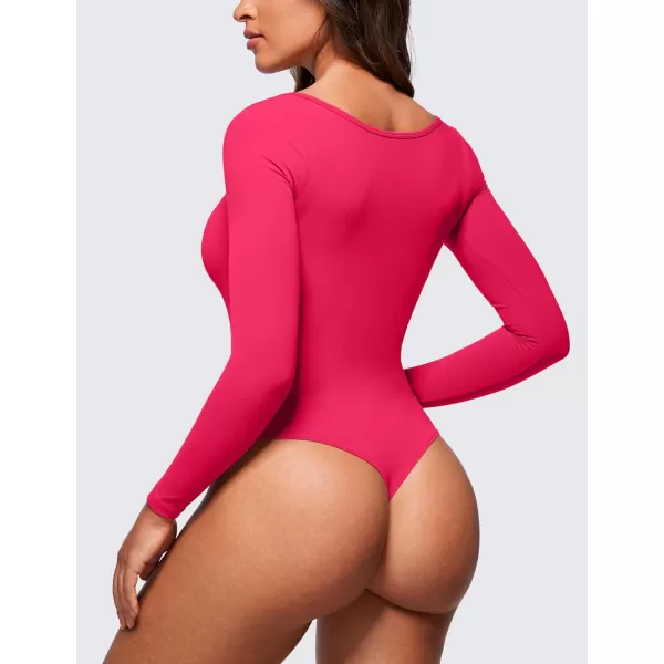 CRZ YOGA Butterluxe Square Neck Long Sleeve Bodysuit for Women Sexy Thong Bodysuits Tops Soft StretchyViva Magenta