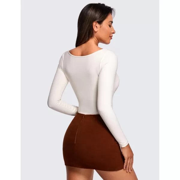 CRZ YOGA Butterluxe Square Neck Long Sleeve Bodysuit for Women Sexy Thong Bodysuits Tops Soft StretchyWhite Apricot