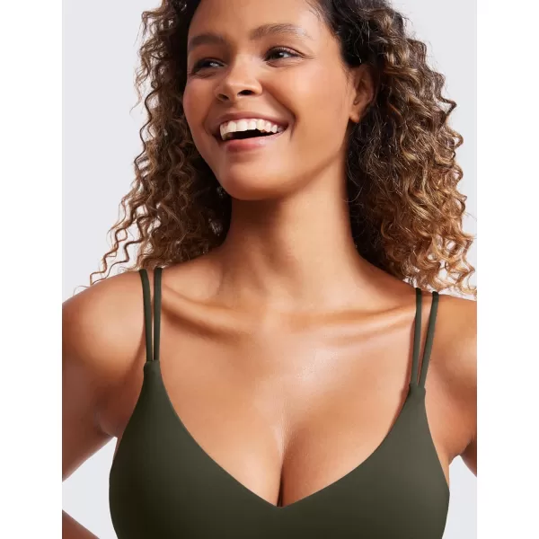 CRZ YOGA Butterluxe V Neck Strappy Sports Bras for Women  Thin Spaghetti Strap Padded Bra Sexy Wireless Yoga Bra Crop TopOlive Green