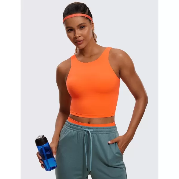 CRZ YOGA Butterluxe Womens High Neck Longline Sports Bra  U Back Padded Crop Workout Tank Top with Built in BraNeon Orange