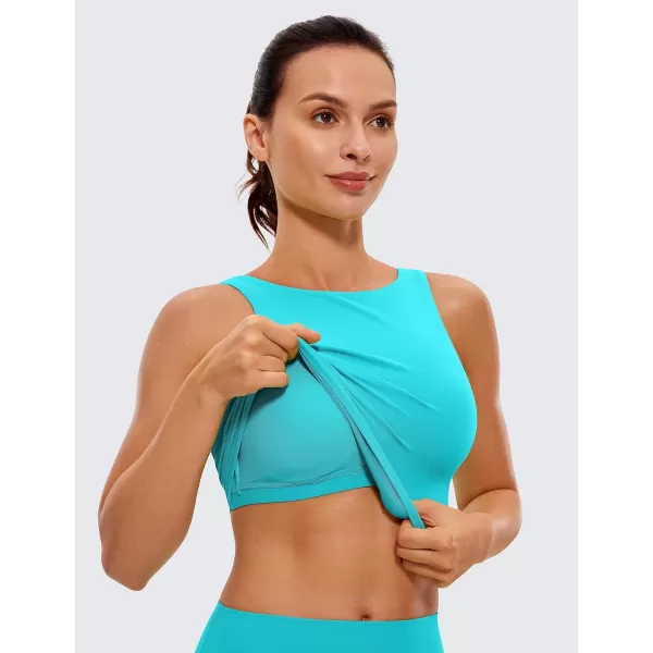 CRZ YOGA Butterluxe Womens High Neck Longline Sports Bra  U Back Padded Crop Workout Tank Top with Built in BraNeonspectral Blue