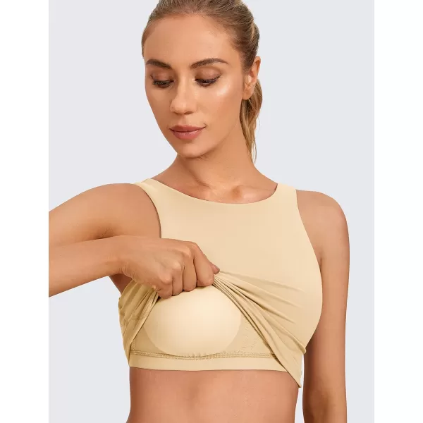 CRZ YOGA Butterluxe Womens High Neck Longline Sports Bra  U Back Padded Crop Workout Tank Top with Built in BraTan Milkshake