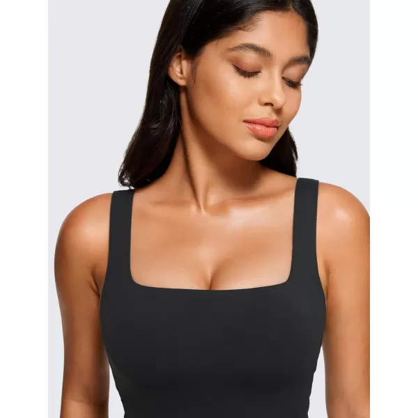 CRZ YOGA Butterluxe Womens Square Neck Longline Sports Bra  Workout Crop Tank Tops Padded with Built in Shelf Yoga BraBlack